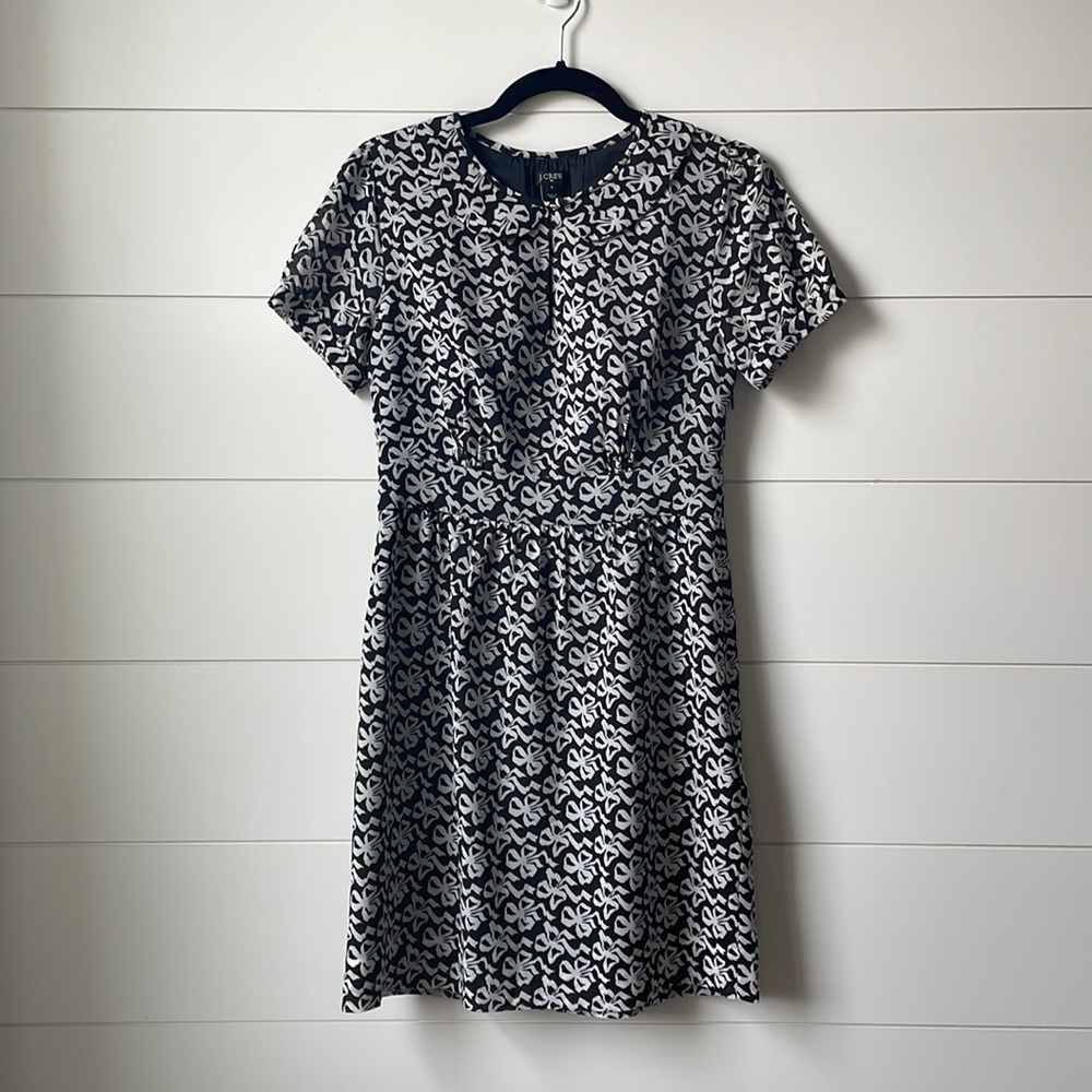J Crew Black and White Bow Print Mini Dress with Collar - Size 4